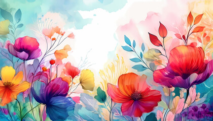 Abstract floral art background with botanical watercolor flowers