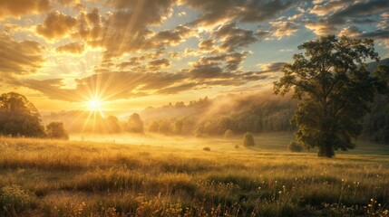 A tranquil meadow bathed in warm golden sunlight at sunrise, with mist and trees creating a serene morning atmosphere..