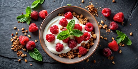 Creamy Greek yogurt, fresh raspberries, and crispy granola harmoniously come together in a delicious breakfast bowl,