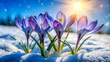 Crocus flowers in vibrant blue emerge from the snow, basking in the bright spring sun, heralding the arrival