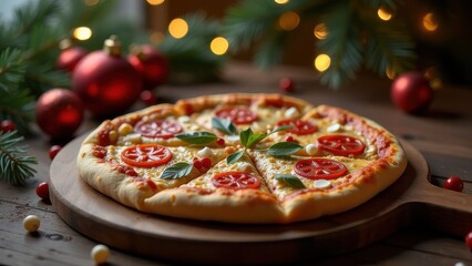 Delicious homemade pizza topped with tomatoes and basil, perfect for festive gatherings by warm lights during winter celebrations