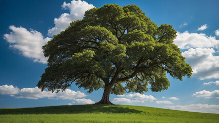A majestic tree in a vast field under a vibrant blue sky with scattered white clouds on a sunny day.
