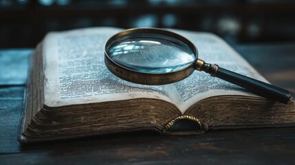 A magnifying glass on an open book, symbolizing research, reading, or discovery. 