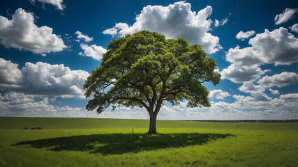 Fototapeta premium A majestic tree in a vast field under a vibrant blue sky with scattered white clouds on a sunny day.