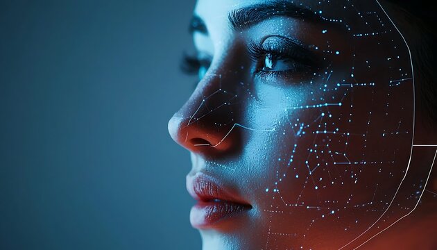 Woman's face digitally scanned in a beauty tech setup, showcasing skincare technology.