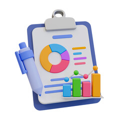 3D illustration of a clipboard displaying colorful pie and bar charts, symbolizing data analysis, business reports, and performance metrics.