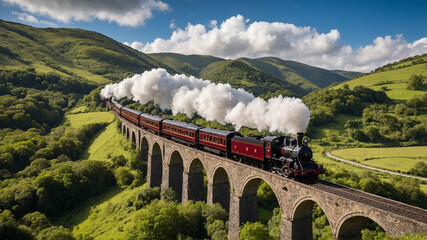 Steam train crossing a stone viaduct in a scenic green valley, framed by rolling hills and blue skies.