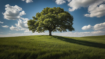 Obraz premium A solitary tree stands atop a hill under a bright blue sky with scattered clouds in a lush green field.