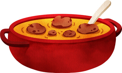 A vibrant red pot filled with steaming meat soup, showcasing the ingredients and warmth, hand-drawn watercolor painting illustration