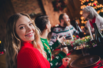 Portrait of friendly peaceful family good mood gather celebrate new year xmas flat indoors