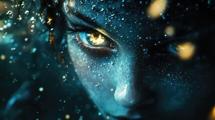 A mesmerizing close-up portrait capturing the ethereal beauty and unique emotions of a submerged figure in vibrant colors.