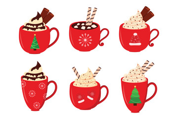 Christmas red cup set on a white background,cream,chocolate,vector illustration.