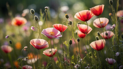 Obraz premium Beautiful pink and red poppies in a meadow with sunlight filtering through, creating a serene atmosphere.
