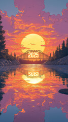 Make a wish while looking at the rising sun in the New Year. Red sun illustration for 2025 New Year's card, greeting card, seasonal greeting