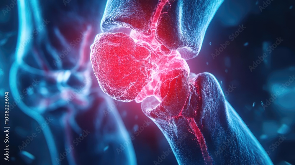 Poster detailed 3d rendering of a human knee joint highlighting structures, emphasizing health and anatomy.