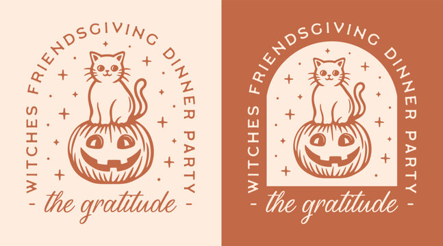 Witches Friendsgiving dinner party witch thanksgiving theme gratefulness quotes for invitation card decor girls shirt design. Whimsical fall season pumpkin cat aesthetic vector printable cut file.