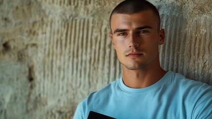 Obraz premium Capture a close-up of a man with very short hair wearing a light blue t-shirt