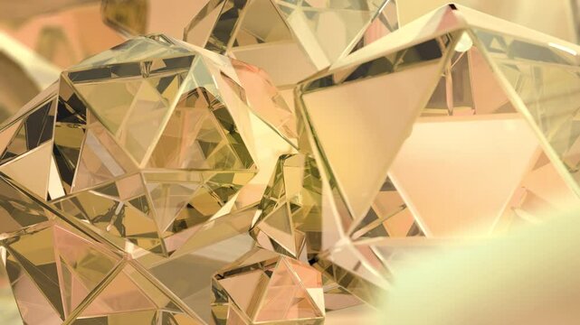 A modern background with a golden polygonal design. 3D abstract of a geometric jewel surface. A golden reflected crystal background animation.