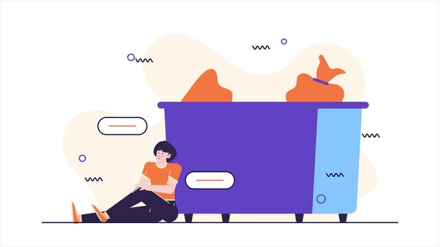Illustration of a person sitting next to a large, colorful dumpster with speech bubbles. Concept of environmental awareness and urban living animated video