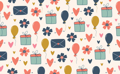 Funny Retro Groovy Valentines Day seamless pattern in trendy retro y2k style. Valentine background of cartoon character. 70s -90s lovely elements. Boho Valentine Day Pattern. Vector illustration.