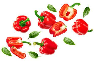 flying red sweet bell pepper with cut slices isolated on white background. clipping path