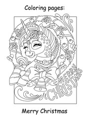 Kids Christmas coloring cute unicorn in a Christmas wreath vector