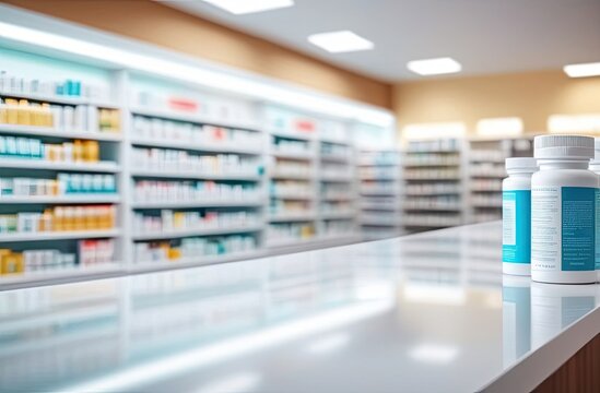 Empty white table with pharmacy shelves in background, product display mockup template