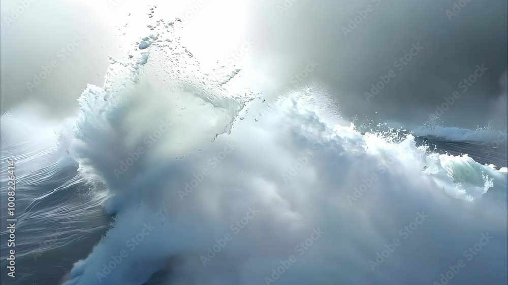 Poster a turbulent ocean scene with large waves crashing and mist rising, illuminated by diffused sunlight.