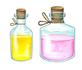 Hand drawn essential oil bottles. Spa collection. Watercolor illustration