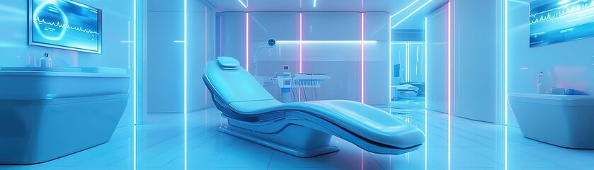 Futuristic medical room featuring a sleek treatment chair illuminated by neon blue lights, designed for advanced therapies and care.