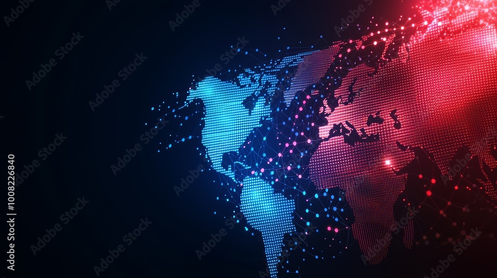 Poster abstract global map in digital form, highlighted with blue and red glowing lights, cyber network and