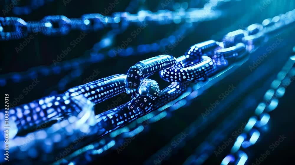 Poster digital blue chain with binary code on a dark background