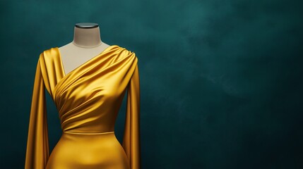 Elegant Golden Dress on a Mannequin Against Dark Background