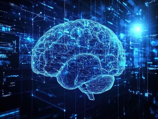 Enhance Your Space with a Stunning Poster: A Vibrant Blue Neural Network Brain Amidst Swirling Data, Showcasing Brain-Computer Interfaces for Tech & Sports Enthusiasts!