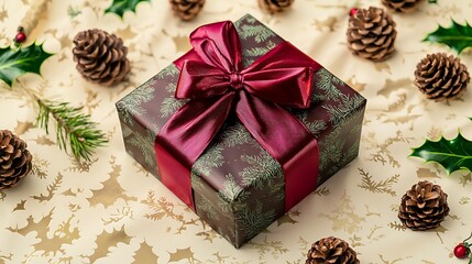 Christmas Gift Box with Pine Cones and Holly on Festive Background