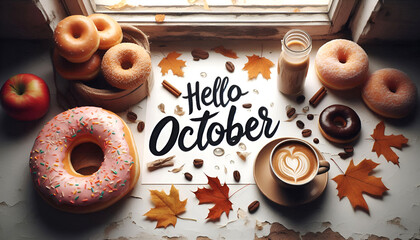 text "Hello October" written in large letters on top, surrounded by coffee and donuts with leaves 