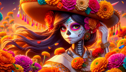 Fototapeta premium Mujer maquillada como calaverita de día de muertos con ropa de mariachi