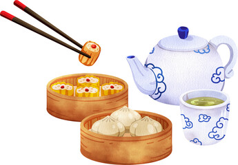 A set of dim sum steamers paired with a white porcelain tea set with blue patterns in Chinese style, hand-drawn watercolor painting illustration