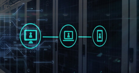 Image of icons with digital data processing over computer servers