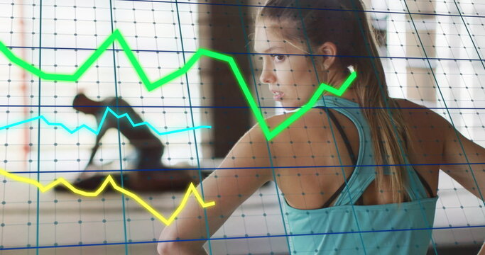 Image of financial data processing over caucasian woman on gym