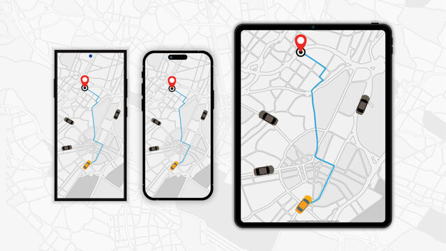 Smart Device GPS Navigation: Car Route Mapping, Distance Tracking, and Vector Illustrations for Easy Travel. Vector.