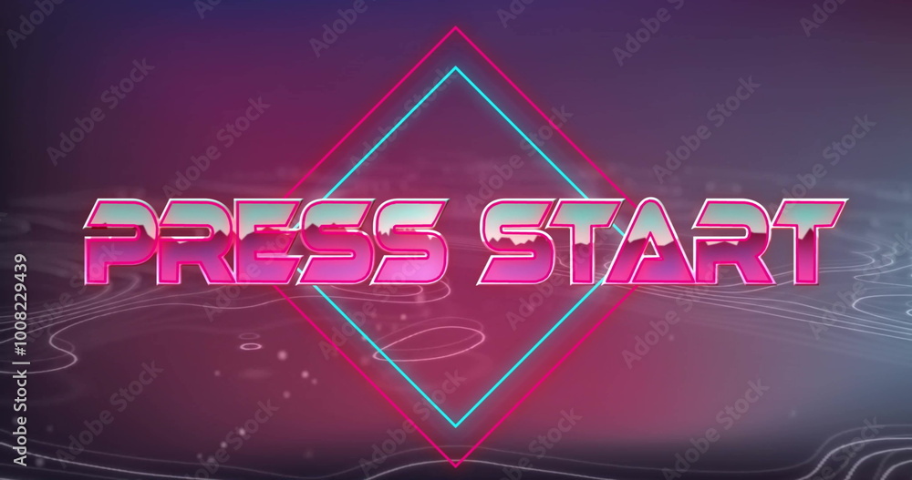Poster image of press start text in pink metallic letters over moving contour lines on dark background