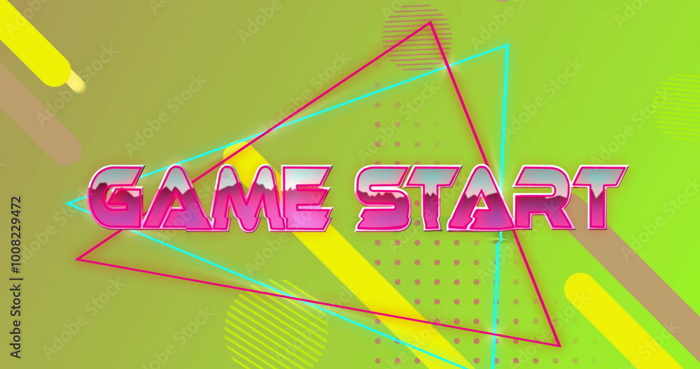 Poster image of game start text in pink metallic letters over abstract shapes on yellow background