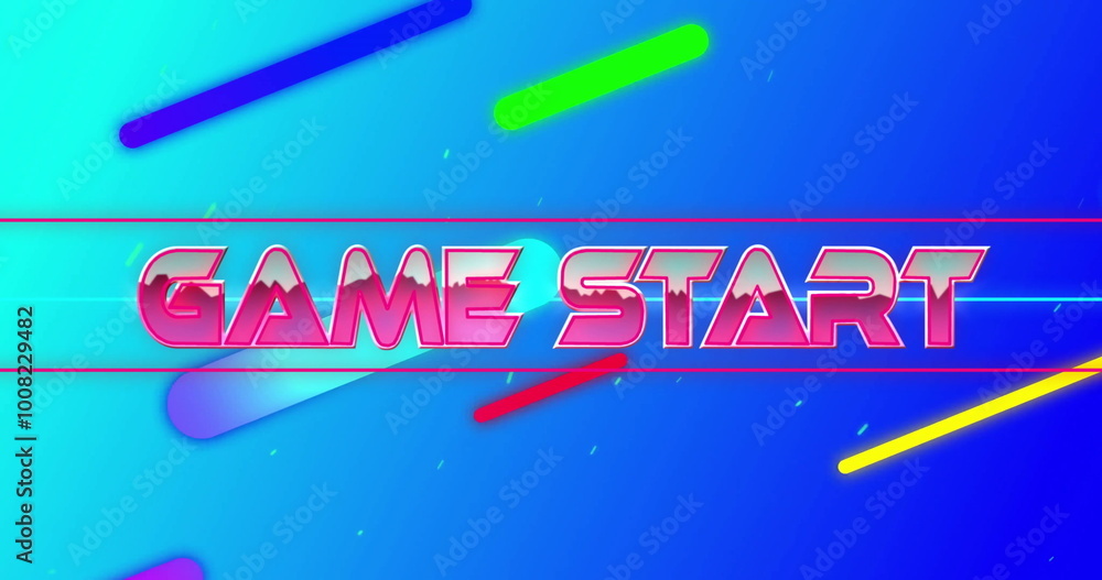 Poster image of game start text in pink metallic letters over abstract shapes on blue background