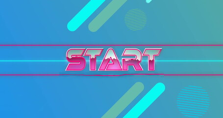 Image of start text in pink metallic letters over abstract shapes on blue background