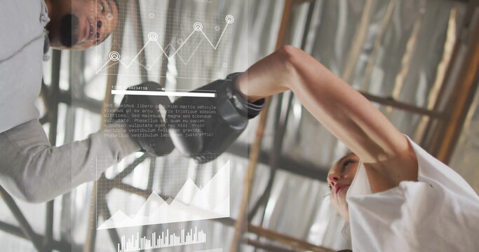 Image of financial data processing over diverse female boxer and male trainer