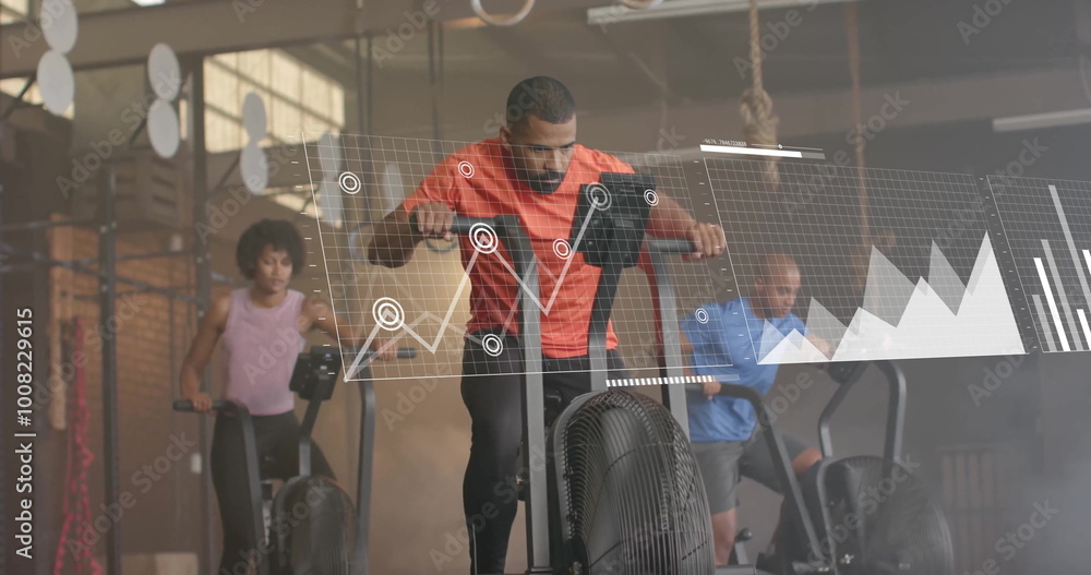 Poster image of financial data processing over diverse people using elliptical bikes on gym