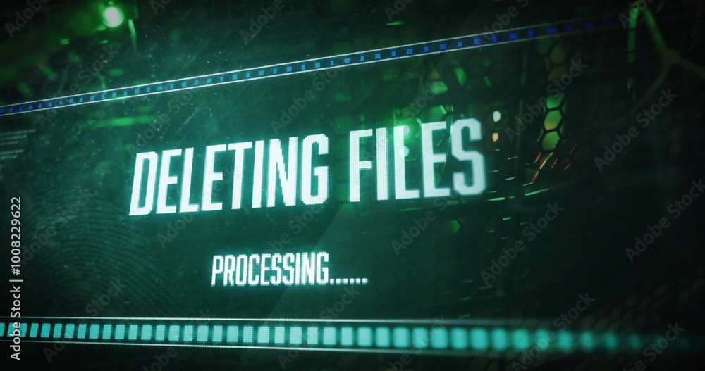 Poster Image of deleting files, processing text on interface over computer server
