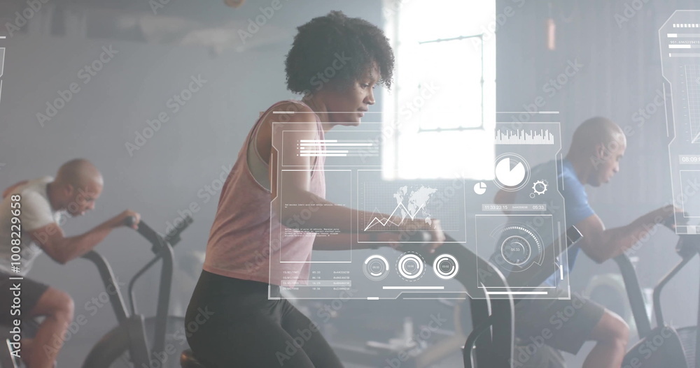 Poster image of financial data processing over diverse people using elliptical bikes on gym