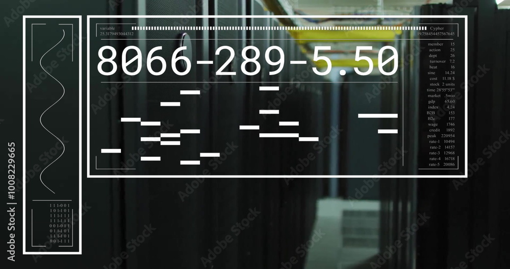 Poster image of data processing on interface screen over server room